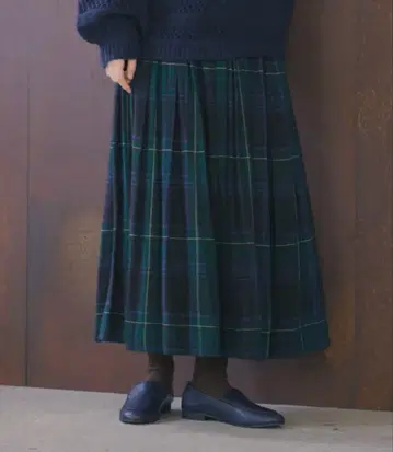 studio CLIP 린넨 레이온 체크 개더 스커트 그린
