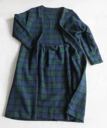 미사용 가운 코트 & 스커트 블랙워치 체크 핸드메이드 울지