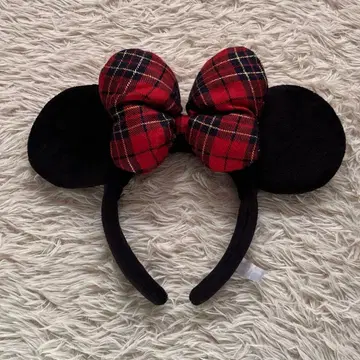 미니 마우스 빨간색 체크 무늬 리본 머리띠