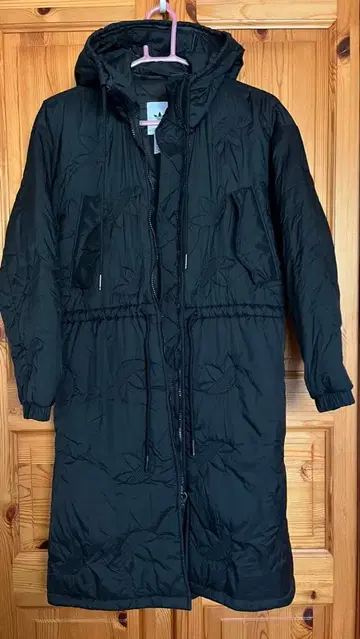 adidas 후드 부착 롱 코트 블랙 S