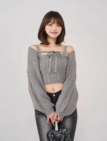 Darich 케이블 숏 니트 앙상블 GRY