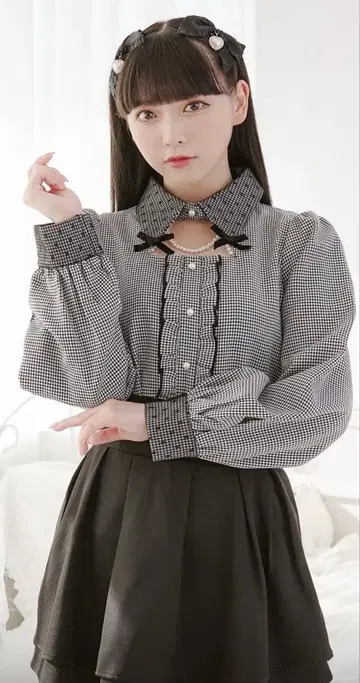 Palelfy 하운드투스 체크 블라우스 블랙