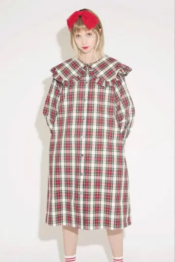 MILK 체크 무늬 프릴 옷깃 롱 원피스