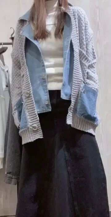 니트 데님 가디건 포켓 부착