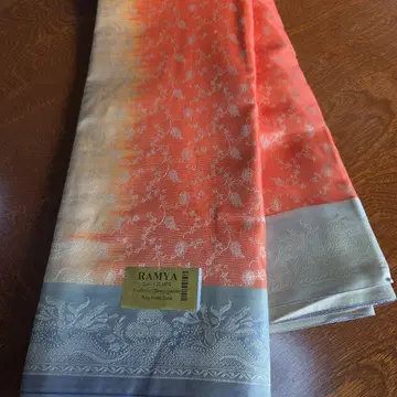 인도 사리 (새상품, 미사용) RAMYA 꽃무늬 오렌지색과 회색