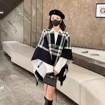 체크 무늬 판초 블랙X화이트