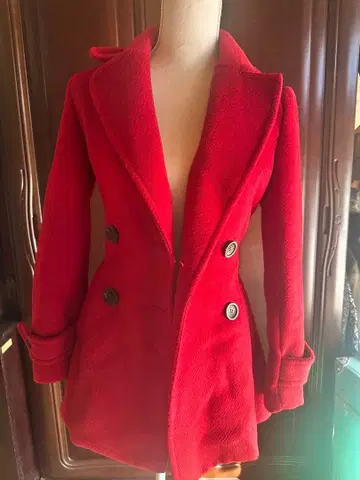 울 피코트 빨간색 더블 버튼