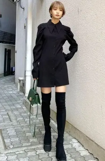 택 포함 EMODA 에모다 빅 칼라 셔츠 원피스 F 블랙