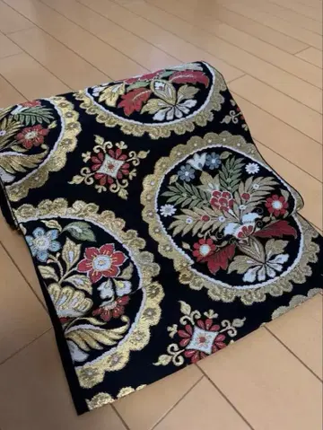 순수 실크 후쿠로 오비 블랙 베이스에 눈꽃 문양