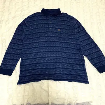 [면 100%] 레트로 패턴 니트 피케 셔츠 네이비 긴팔 L