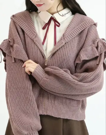 F i.n.t 숄더 프릴 지퍼 니트 후드티 PINK BROWN