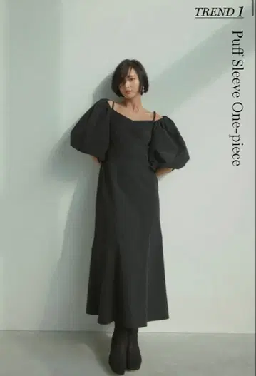[ FRAY I.D ] 퍼프 슬리브 블랙 롱 원피스