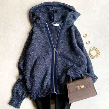 새상품급 컬렉션 라메 니트 후드티 더블 지퍼 최근 네이비