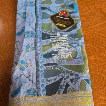 인도 사리 (새상품, 미사용) Meenakshi 코튼 파랑 그린 화이트