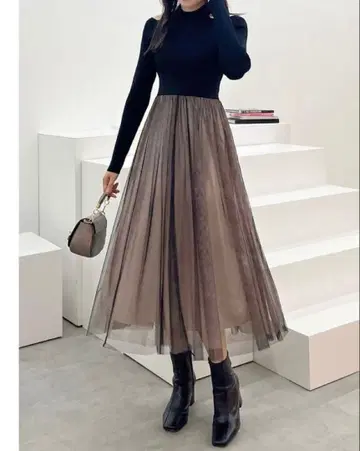 2WAY 튤 니트 도킹 원피스 블랙