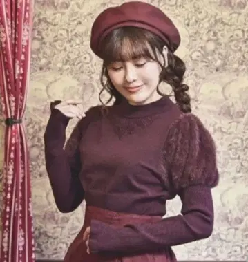 시마무라 클라로리 쿠루미 노엘 드 메모와르 퍼프 슬리브 니트 버건디 L