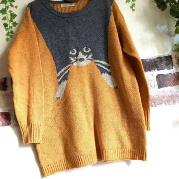 고양이 디자인 오렌지 그레이 긴팔 니트 고양이 패턴