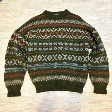 프랑스제 남성용 구제 의류 니트 올 패턴 올리브 그린 스웨터 프리 사이즈