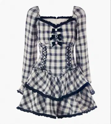 체크 무늬 긴팔 미니 원피스