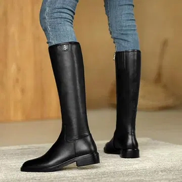 천연 가죽 롱 부츠 사이드 지퍼 깔끔한 로우힐 자키 부츠
