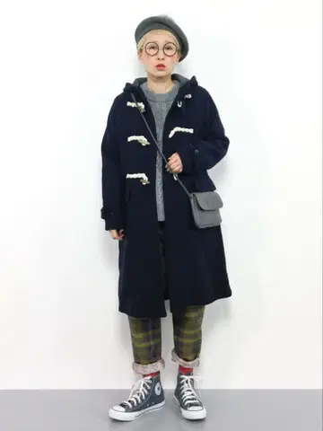 PAR ICI W 페이스 더플 코트 네이비 다크 네이비 x 그레이 체크