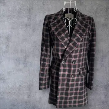 체크 무늬 더블 브레스트 롱 코트