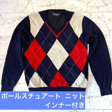 폴 스튜어트 니트 L 아가일 울 일본제 이너 포함