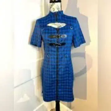 엘프 색 블루 체크 원피스 차이나