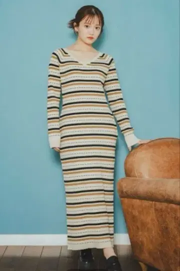 PINUE 멀티 보더 니트 원피스 M 베이지