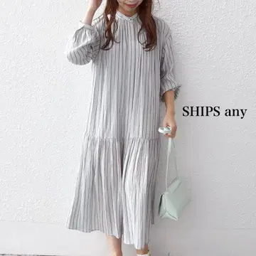 쉽스 로우 개더 롱 슬리브 스트라이프 원피스