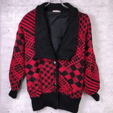 레트로 모던 홍콩제 구제 의류 기하학 패턴 체크 무늬 니트 가디건