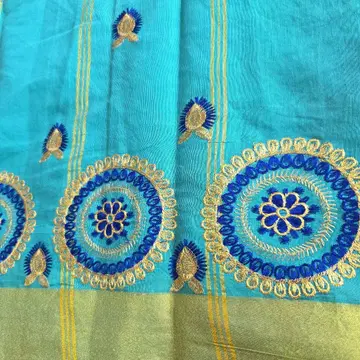 인도 사리 (새상품, 미사용) 터콰이즈 블루 자수