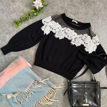 Snidel 레이스 블랙 니트 스웨터 벌룬 슬리브 y2k 헤이세이 갸루
