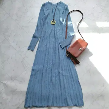 스타일 믹서기 체인지 리브 니트 플레어 원피스 블루