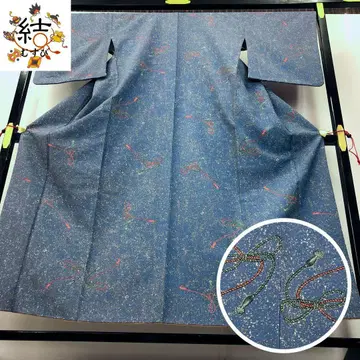 MK-1777 코몬 워셔블 기모노 조합 끈 패턴 크레이프 원단 청대색