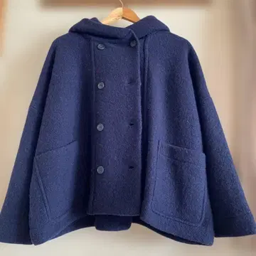 maomade 후드 부착 울 코트 네이비