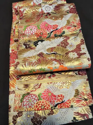 학 과 꽃 금실 자수 마루 오비