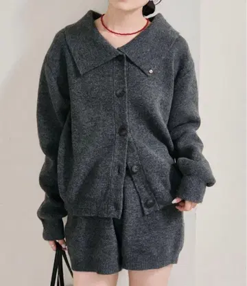 카라 부착 플레이트 니트 가디건 플레이트 부착 니트 팬츠 2세트 GRY