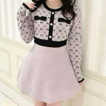 모노그램 니트 OP 원피스 핑크