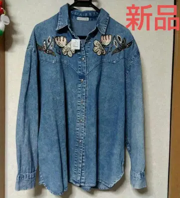 [ 미사용 새상품 ] 자수 데님 셔츠 블라우스 겉옷 빅 사이즈 루즈핏