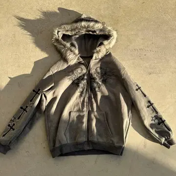 후드 부착 그레이 지퍼 후드티