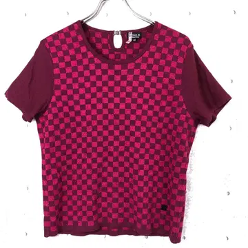 키치 구제 의류 Sonia Rykiel 체커 패턴 절개 반팔 니트 상의