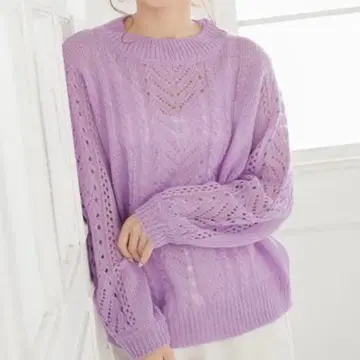 미사용 새상품 라벤더 레이스 니트 스웨터 긴팔 고베 레터스 M