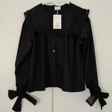 메리제니 커프스 ribbon 스퀘어 칼라 블라우스 블랙 셔츠 블라우스
