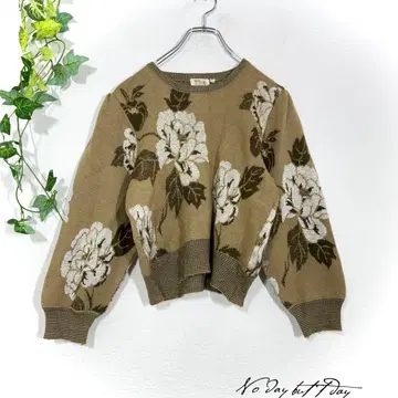 Kanebo SUNLORE 쇼와 레트로 꽃무늬 니트 스웨터 퍼프 슬리브