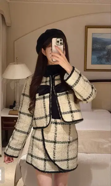 GRL 트위드 체크 무늬 리본 자켓 x 미니 스커트 셋업
