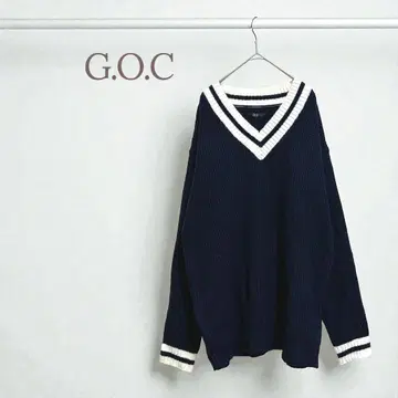 G.O.C 남성용 스쿨풍 라인 니트 빅 루즈 네이비