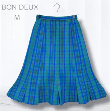 본듀 밑단 플레어 스커트 M 청록색 체크 플리츠 가공 M