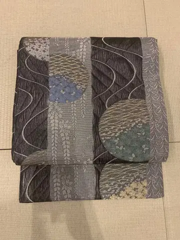 순수 실크 새상품급 그레이 계열 후쿠로 오비