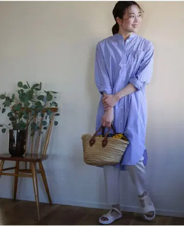 OURHOME 반슈 직조 색스 블루 셔츠 원피스